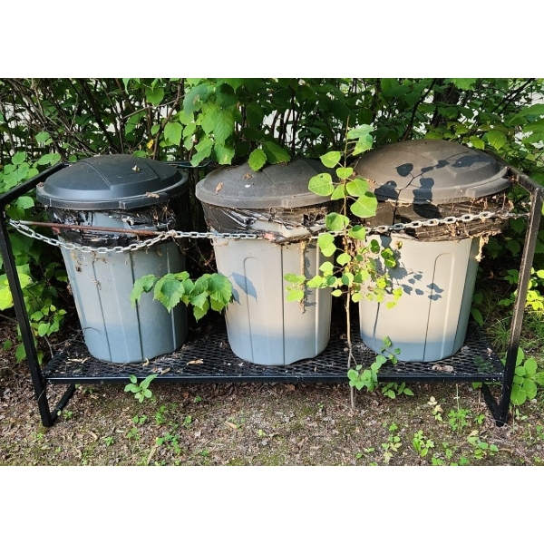 Metal Frame 62 W, 22 D, 32 T to Hold 3 Garbage Cans, Garbage Cans Included 
