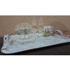 Image 2 : Hammered Steel Serving Tray W/ Handles + 2 Mini Oil Lamps + Pink Depression Glass Tray & More