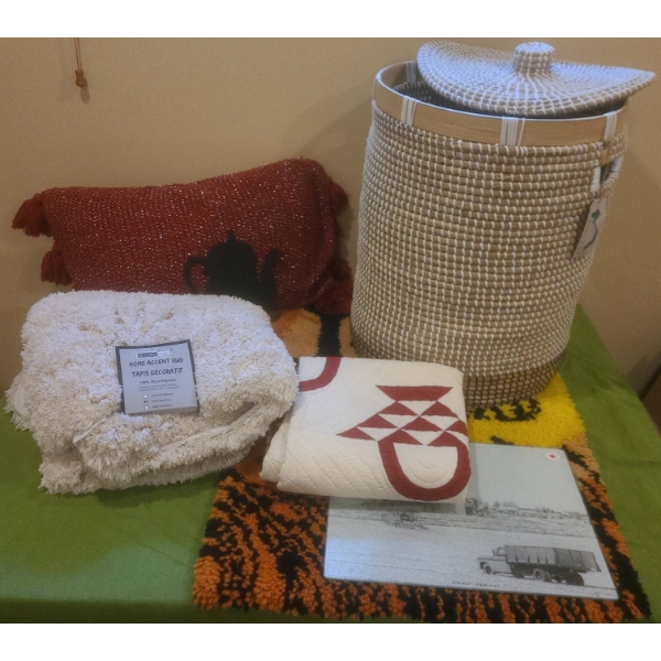 Home Décor Lot With Basket, Rugs, Pillow, Quilt, and Art