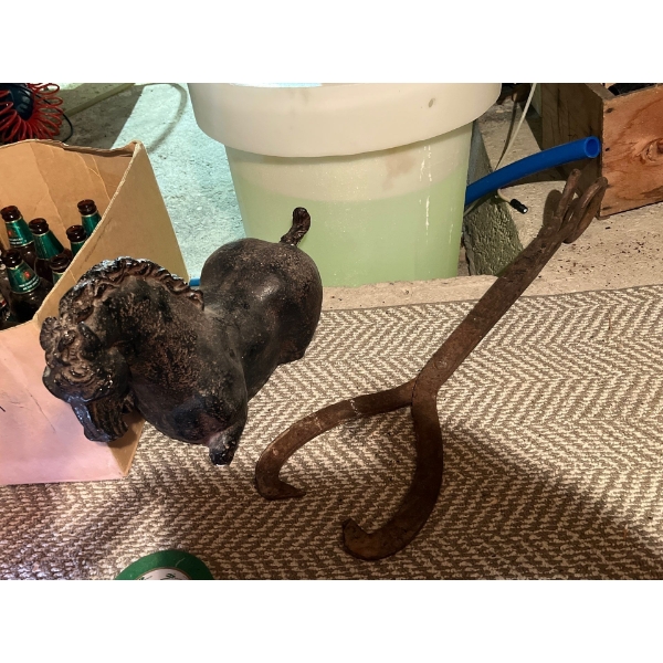  ceramic half of horse, antique log prongs and a box of variety beer bottles