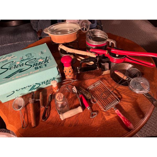  large collection of vintage utensils and a vintage serving dish