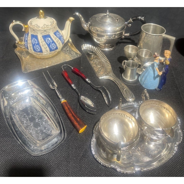 Vintage Mismatched Tea Set - Pewter Fine China Antler Turkey Fork & More