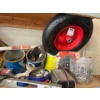 Image 3 : contents of shelf, including a GE garbage disposal, Kenwood speakers, rolling knee cart, laser level