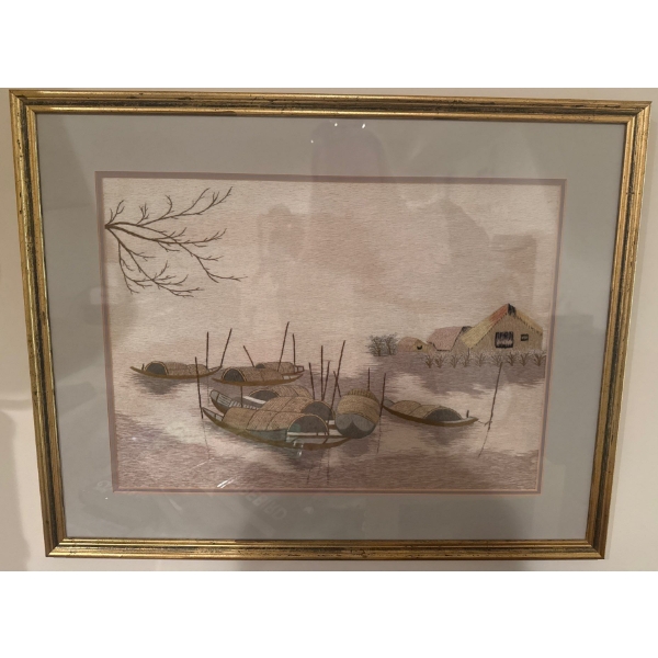 Vietnamese Silk Embroidery Featuring A Tranquil Fishing Boat Scene 25x20