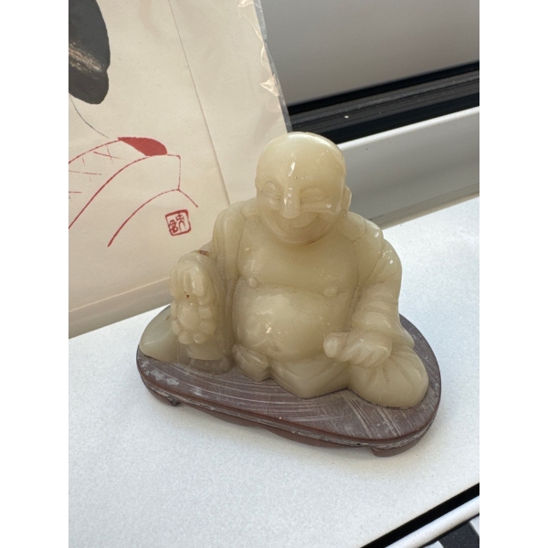 Hand Carved Stone Happy Buddah Idol 4.5L w/ Asian Art Print 