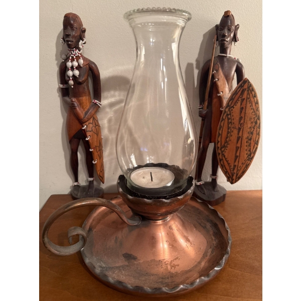 Handcarved African Idols 9"Tall w/Chamberstick Candle Holder Glass Hurricane chimney