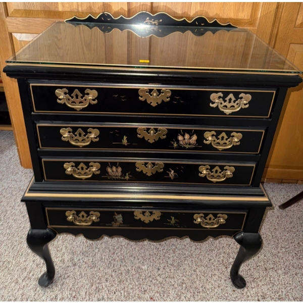 Hand Painted Black Lacquered Chinoiserie Secretariat 25x16x32