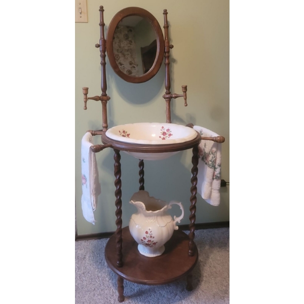Antique Victorian Wash Stand w/ Enamel Wash Basin - 24W, 21D, 51T