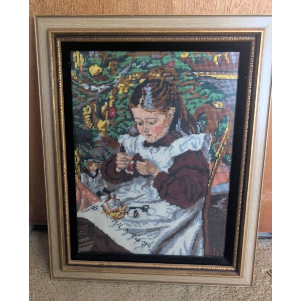 Framed Needlepoint Artwork of Girl with Doll in Gold-Tone Frame