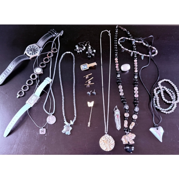 Jewelry and Watch Collection Featuring Necklaces, Bracelets, Earrings, and Pins
