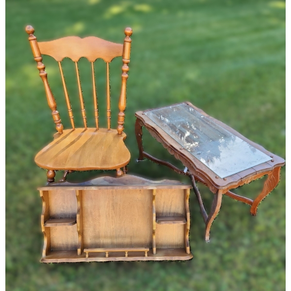 Chair 19 W, 17 D, 35 T, Wall Shelf 31 W, 5 D, 17 T, Table w/ Glass Top 34 W, 17.5 D, 17 T