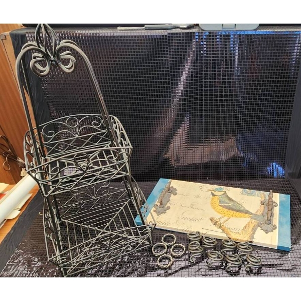 Metal Fruit Tower, Breakfast Tray, and Cast Iron Napkin Rings Set