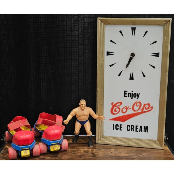 Vintage Co-op Clock Lamp, Rollerskates and Vintage Wrestling Toy