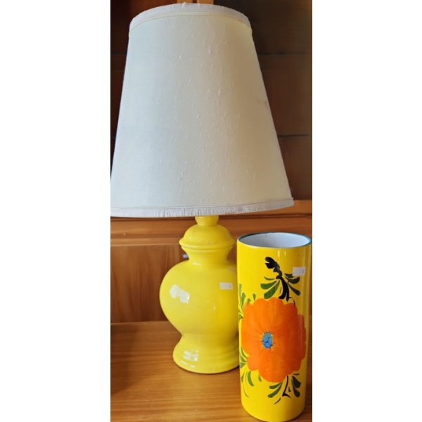 Vintage Yellow Lamp 5.5" Diameter Base, 22 T and Colorful Italian Vase 4" Diameter, 10 T