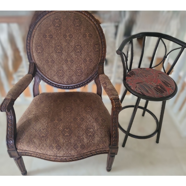 Bergere Style Chair 28 W, 21 D, 41 T and Barstool 16" Diameter at Base, 34.5 T 