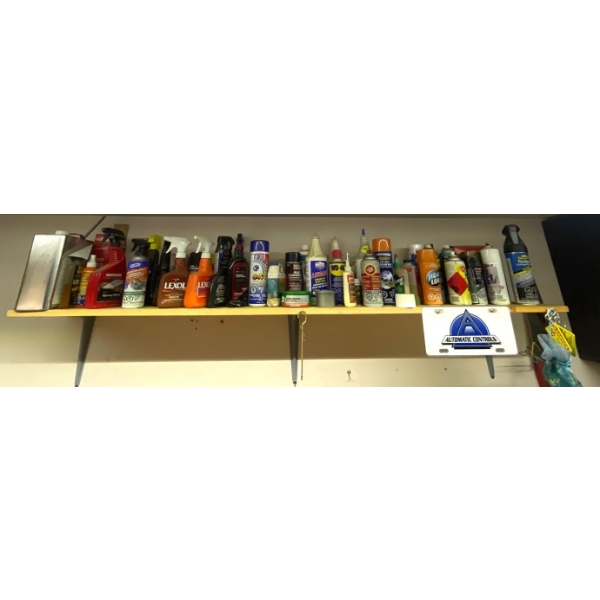 Assorted Shelf Of Shop Supplies/ Fluids For Your Garage