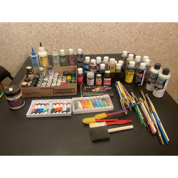 Various art/craft supplies, Artist Series Acrylics, Testors Paints, Oil Pastels, Primers and coating