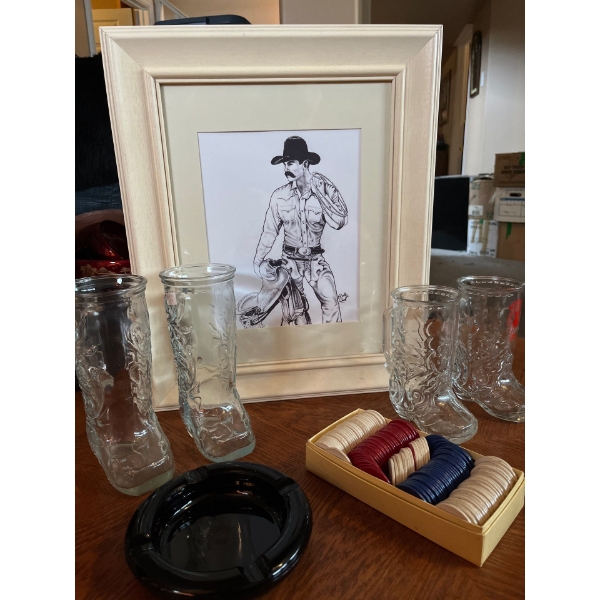 4 cowboy boot glass mugs, vintage ashtray, cowboy print, vintage poker chips, cowboy framed print