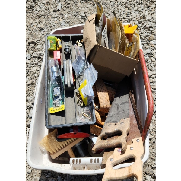 Beige Bin of Hand Tools Incl: Hand Saws, Paste Spreaders, Wire Wheel Attachment and More!