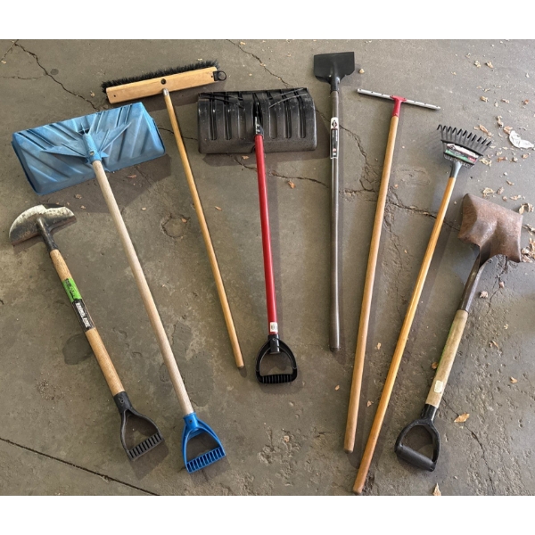 Assortment of Seasonal Yard Tools-  Shovels, Rakes, Hoe & More