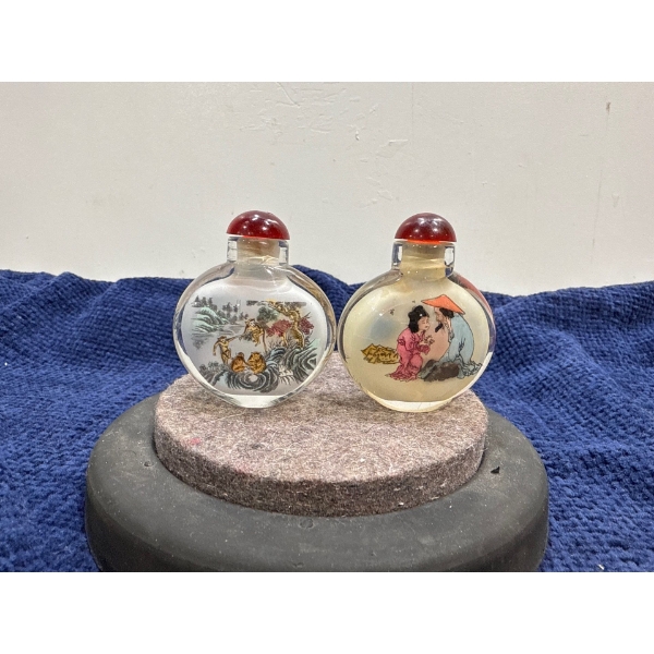 Pair of Hand Painted Glass Snuff Bottles with Spoons  3.5H & 3H 
