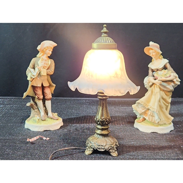 Tiffany Style Mini Table Lamp, Paired with 2 "Enterprise Exclusive" Figurines