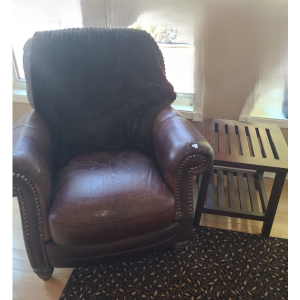 Brown Leather Chair 38 W, 35 D, 39 T and Side Table 18 W, 18 D, 20 T 