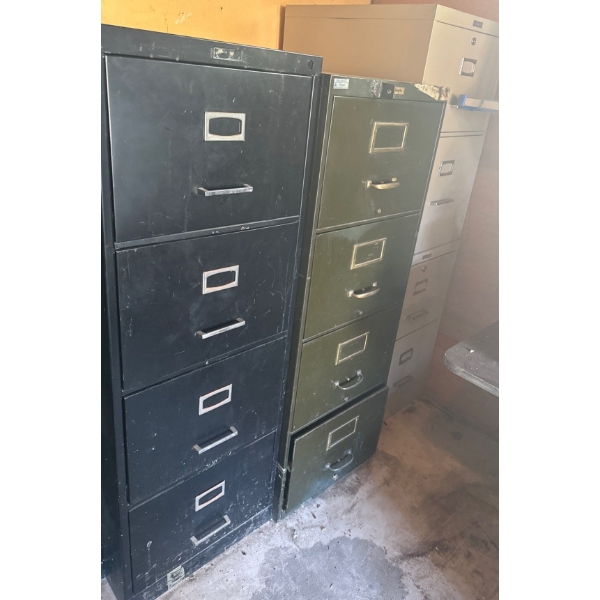 Three Vintage Filing Cabinets In Three Colors-Black, Green & Beige