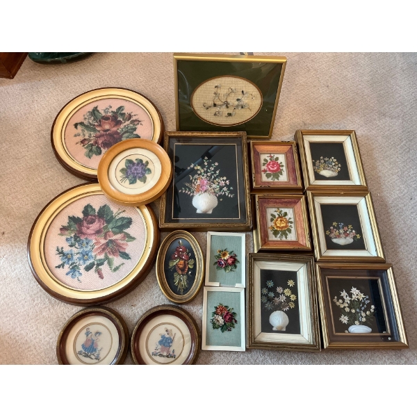 Collection of small cross-stitched and shell framed art 16 in total .