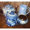 Image 1 : Blue and White Collectibles: Wedgewood Jars and Gibson's: Teapot, Jar, and Pitcher