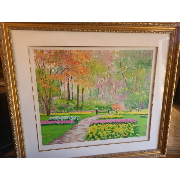 Numbered Print 105/350 "Flower Garden in Holland" -Artist C. Cambour, 40.5 X 36 Framed Under Glass 