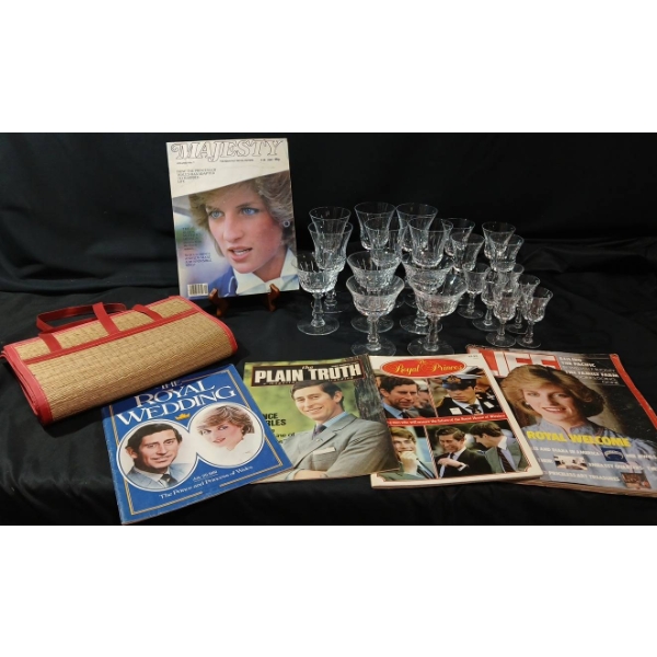 Collection of Princess Diana Memorabilia with Vintage Stemware, Vintage Bag