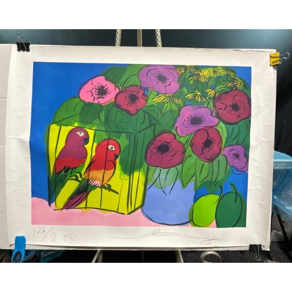 Illegible Signature Bird and Flower Print 23Wx17.5H