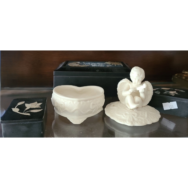 Trinket Boxes Including: Celestial Music Box 6 X 4, Angel 5 T, and Inlay Mother of Pearl X2