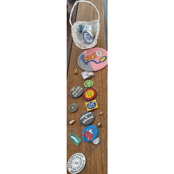 Humorous 1 Liner Buttons w/ Basket Of Lapel Pins