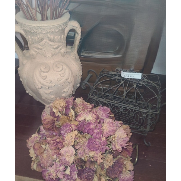 Urn Vase 22 h, Metal Basket & Metal Tub w Dried Flowers italian