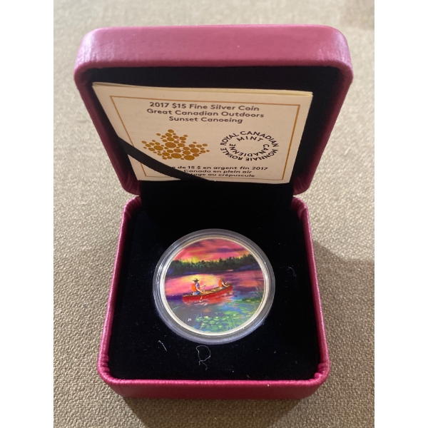 2017 Canadian $15 Fine Silver Coin, Great Canadian Outdoors Series: Sunset Canoeing