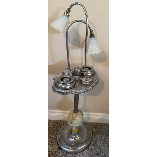 Vintage Art Deco-Style Smoking Stand w/Two Lights- Ornate Chrome Finish 