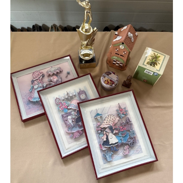 3D Cottage Art 9T w/ Brass Trophy School House Trinket Box & More 