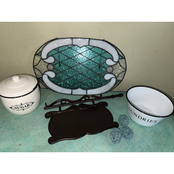 Home Decor Lot with Stained Glass Panel and Enamelware