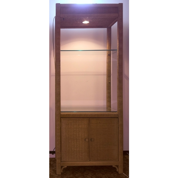 Wicker Display Cabinet with Glass Shelves and Interior Lighting