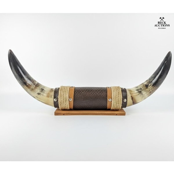  Decorative Wall Mount Steer Horns Wrapped In Textured Leather And Rope. 20''In Width 8.5''In Height