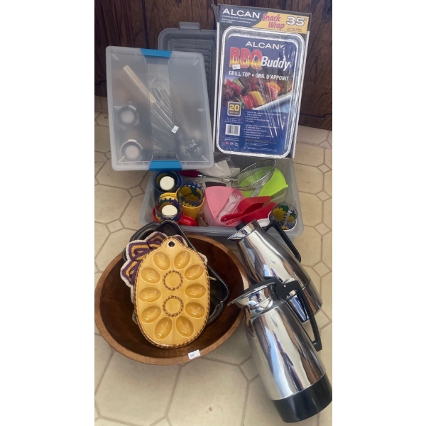 Assorted Kitchen Collectables - Deviled Egg Platter Large Wood Serving Bowl Insulated Liquid Jugs  