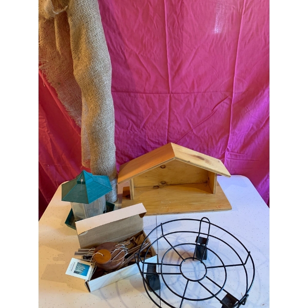 Lot of Outdoor Items, Burlap, Birdfeeders, Windchimes and Plant Stand