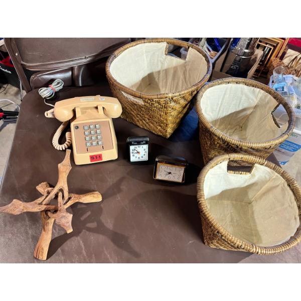 Three matching tight woven, wicker bowls, two vintage sideclocks telephone & a wooden bowl holder