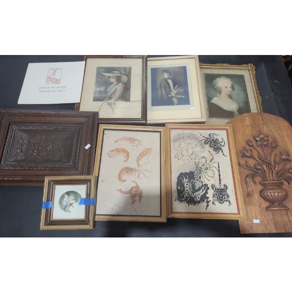 Group of Small Pictures: Frame w/ Medieval Metal Scene 17 X 13, Carved Flowers 12 X 20 and Others