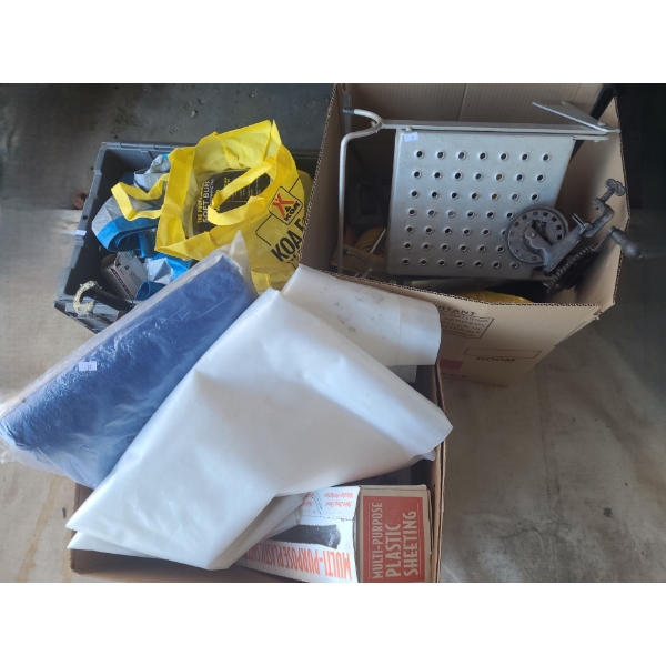 Box and Bin of Garage Items Including: 20 X 24 Tarp and More!