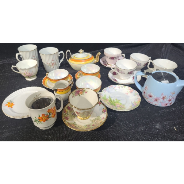 Yellow Striped Teaset: Teapot 6.5 W, 4 D, 4 T, Blue Teapot 3.5 T, Assorted Cups and Saucers