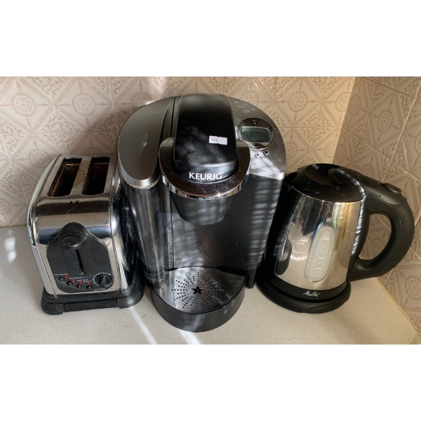 Stainless Steel Appliances - Keurig Single Serving Coffee Pot, Toaster, and Kettle 