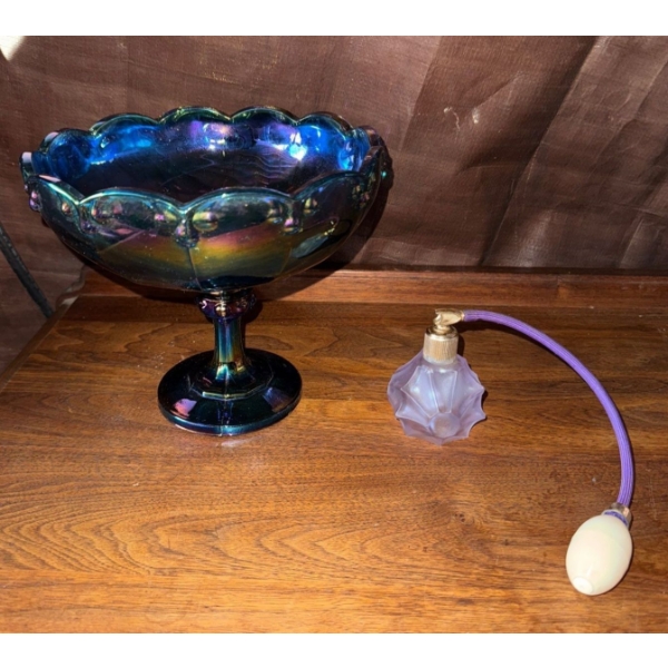 indiana Peacock Blue Carnival Glass Candy Dish w/ Fragrance Atomizer 